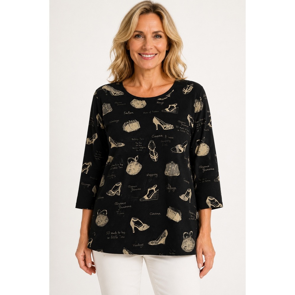 Jess & Jane USA Shoes Print Top Women's L Black 100% Cotton Made in USA Boutique